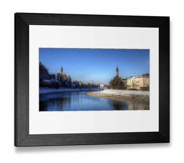 Framed Print : Salzburg Salzach river banks on clear winter day Framed Print : Salzburg Salzach river banks on clear winter day