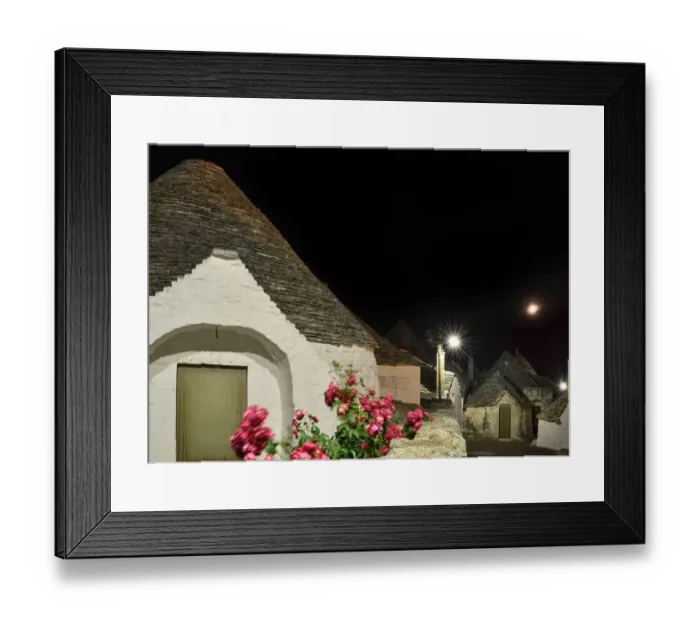 Framed Print : Alley with several trulli houses at night, Italy Framed Print : Alley with several trulli houses at night, Italy