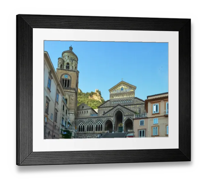 Framed Print : Amalfi cathedral facade with bell tower and steps