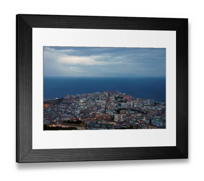 Framed Print : Aerial view of Naples old Quarter and bay at dusk Framed Print : Aerial view of Naples old Quarter and bay at dusk