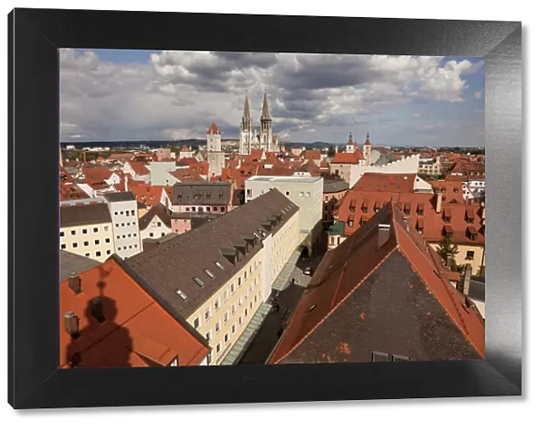 Rooftops of the historic centre with the clock tower of Old Town Hall and Regensburg Cathedral, Regensburg, Bavaria, Germany