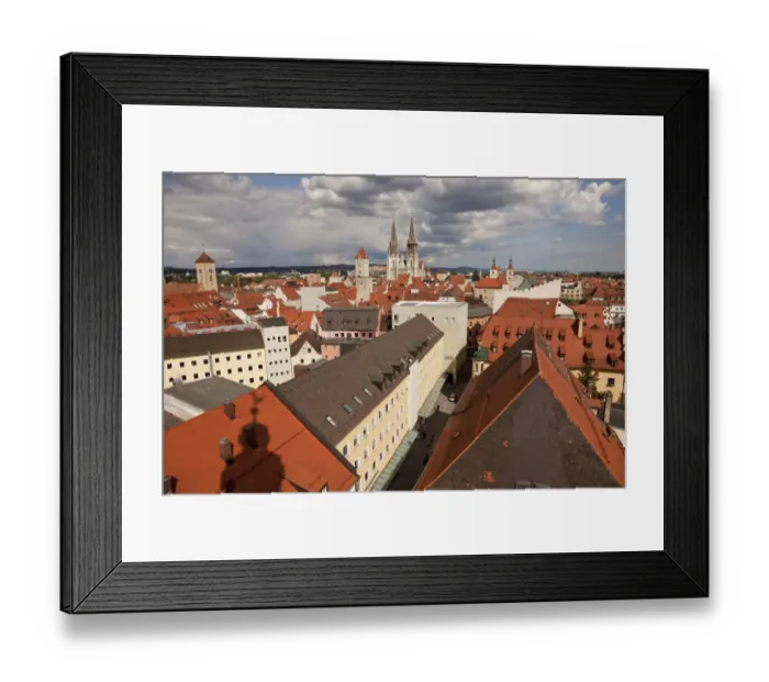 Framed Print : Rooftops of the historic centre with the clock tower of Old Town Hall and Regensburg Cathedral, Regensburg, Bavaria, Germany Framed Print : Rooftops of the historic centre with the clock tower of Old Town Hall and Regensburg Cathedral, Regensburg, Bavaria, Germany