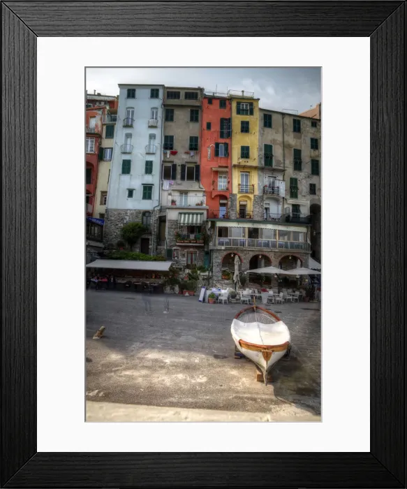 Framed Print : Portovenere marina old colourful houses and boat Framed Print : Portovenere marina old colourful houses and boat