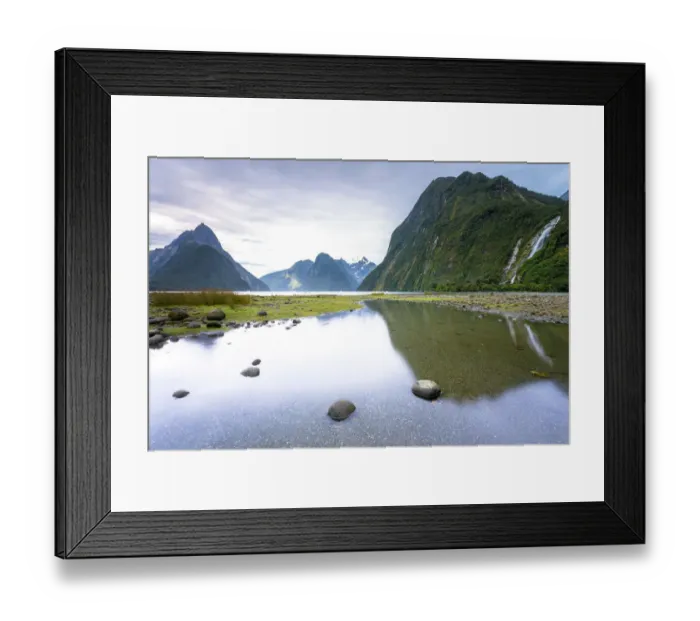 Framed Print : Evening at Milford Sound with Mitre Peak, 1683m, Cascade Peak, 1209m, and the Bowen Falls, 162m, Fiordland National Park, Southland Region, New Zealand Framed Print : Evening at Milford Sound with Mitre Peak, 1683m, Cascade Peak, 1209m, and the Bowen Falls, 162m, Fiordland National Park, Southland Region, New Zealand