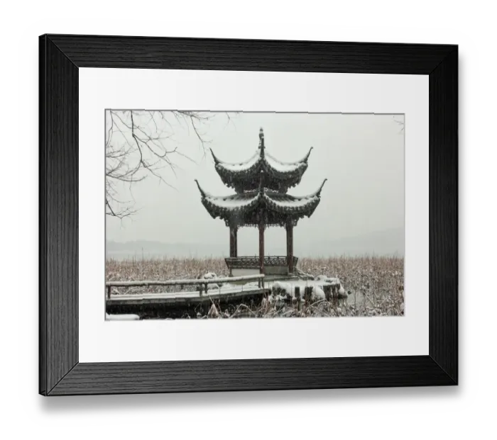 Framed Print : Scenic view of a pavilion by the West Lake in snow, Hangzhou, China Framed Print : Scenic view of a pavilion by the West Lake in snow, Hangzhou, China