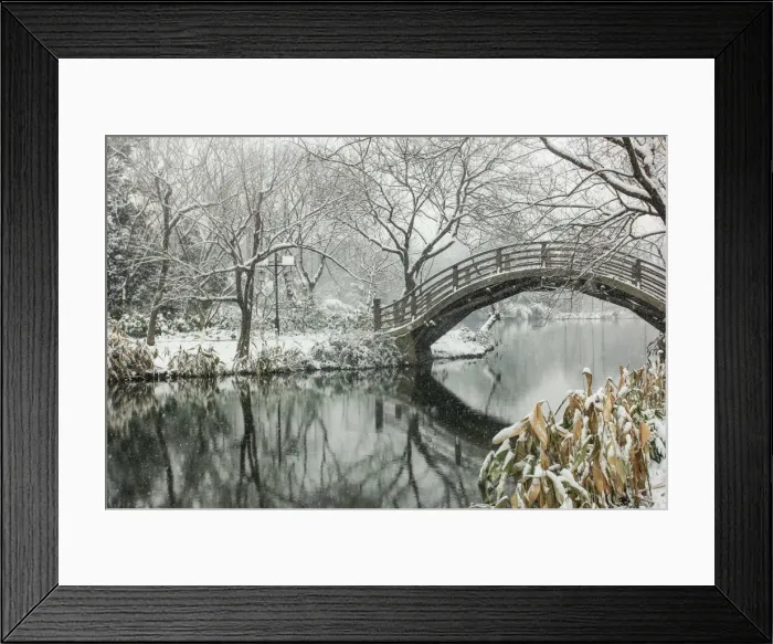 Framed Print : Snowscape of wooden arch bridge over pond in Maojiabu village, Hangzhou, Zhejiang, China Framed Print : Snowscape of wooden arch bridge over pond in Maojiabu village, Hangzhou, Zhejiang, China