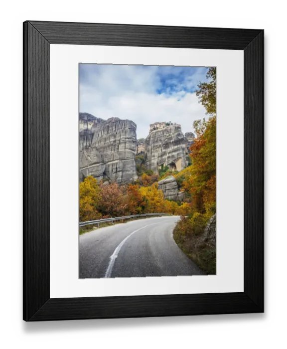 Framed Print : Monastery perched on a cliff, a road and autumn foliage Framed Print : Monastery perched on a cliff, a road and autumn foliage