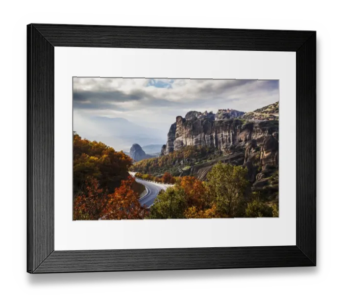 Framed Print : Monasteries perched on cliffs and a winding road in autumn foliage Framed Print : Monasteries perched on cliffs and a winding road in autumn foliage
