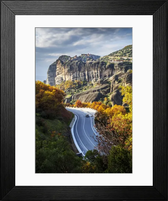 Framed Print : Monasteries perched on cliffs and a winding road in autumn foliage Framed Print : Monasteries perched on cliffs and a winding road in autumn foliage
