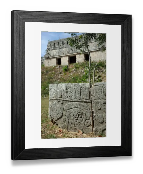 Framed Print : Ancient Mayan skull carving and temple, Uxmal Framed Print : Ancient Mayan skull carving and temple, Uxmal