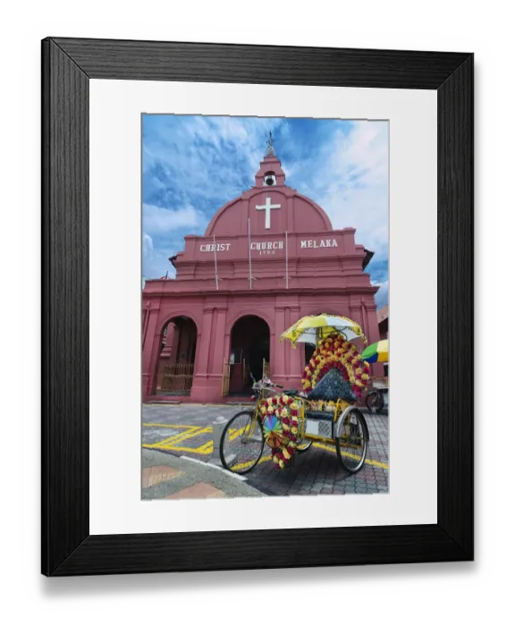 Framed Print : Decorated trishaw in front of Christ Church Melaka Framed Print : Decorated trishaw in front of Christ Church Melaka