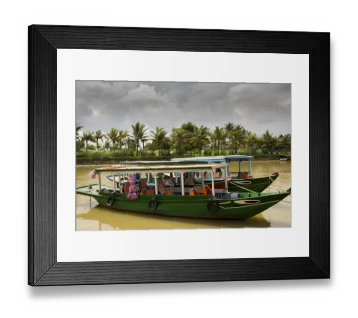 Framed Print : Tourist boats moored on bank of Thu Bon River Framed Print : Tourist boats moored on bank of Thu Bon River