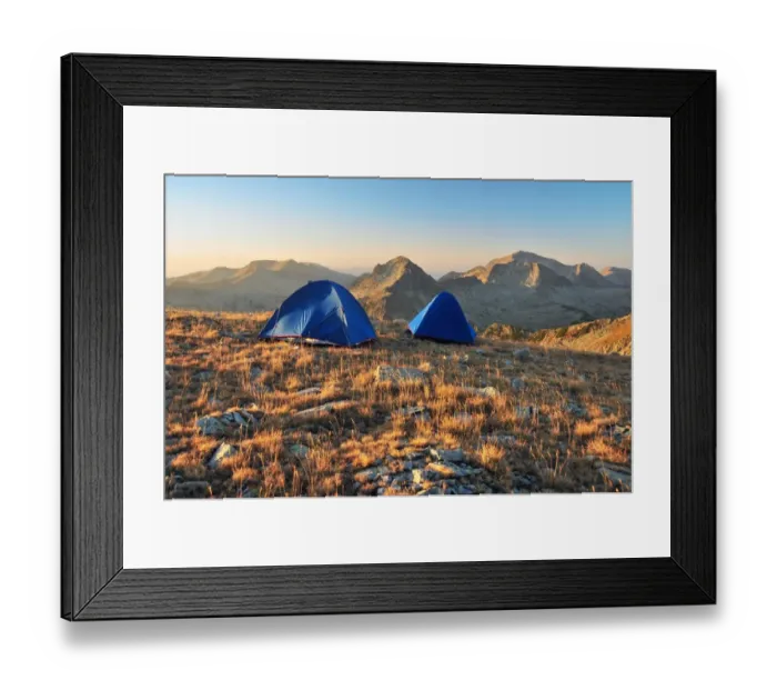Framed Print : Two tents in a mountain at sunrise Framed Print : Two tents in a mountain at sunrise