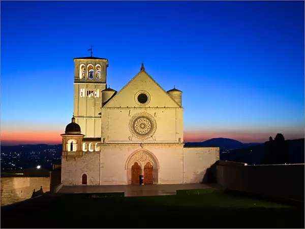 Medieval Basilica of St. Francis at sunset, Assisi