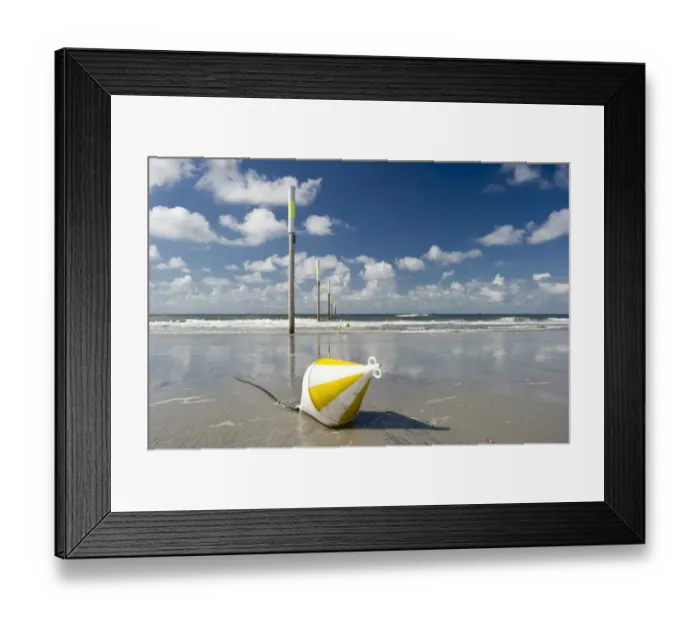Framed Print : Beach, marker posts and a buoy, St Peter-Ording, Schleswig-Holstein, Germany