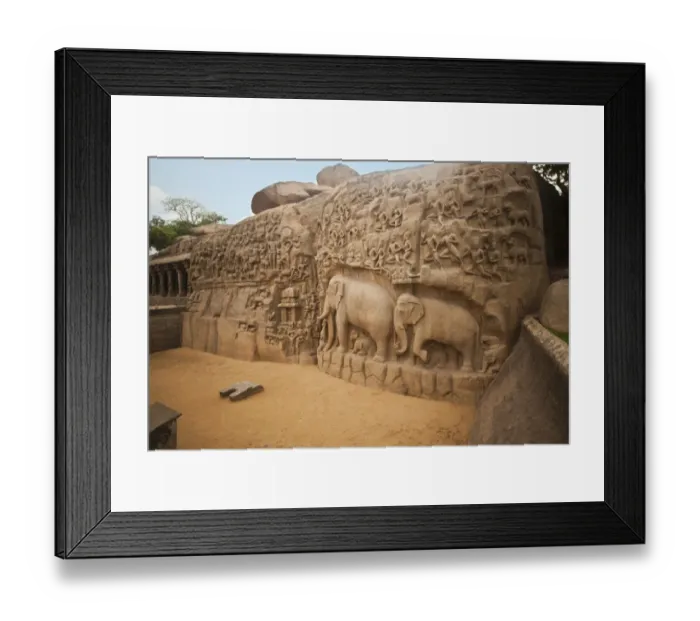 Framed Print : Stone carvings on the face of a rock at Arjunas Penance, Mahabalipuram, Kanchipuram District, Tamil Nadu, India Framed Print : Stone carvings on the face of a rock at Arjunas Penance, Mahabalipuram, Kanchipuram District, Tamil Nadu, India