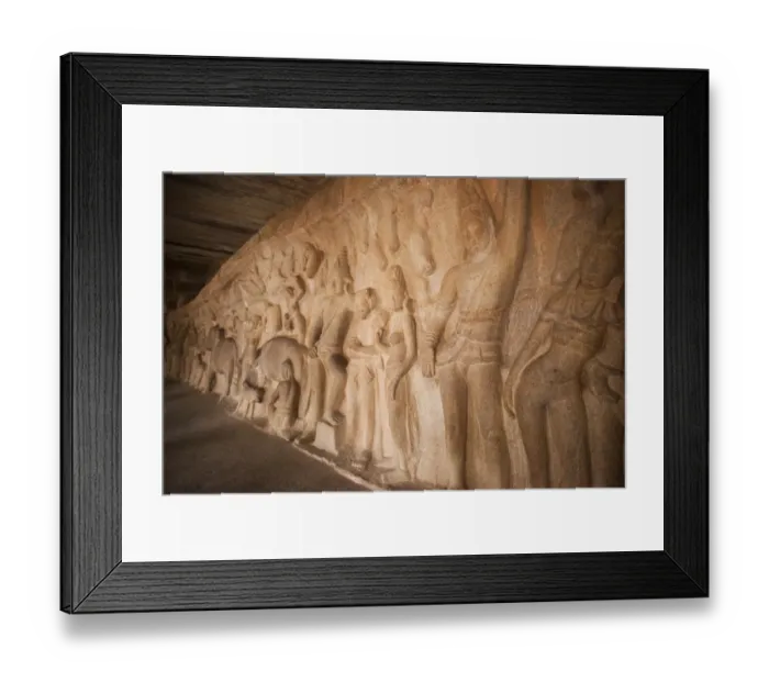 Framed Print : Carving details of Krishna lifting Govar-dhan Hill in order to protect the people of Vrindavan from the fury of Indra at Krishna Mandapa, Mahabalipuram, Kanchipuram District, Tamil Nadu, India
