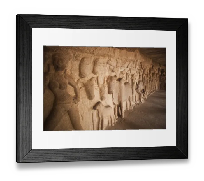 Framed Print : Detail of carving in Krishna Mandapa, Mahabalipuram, Kanchipuram District, Tamil Nadu, India
