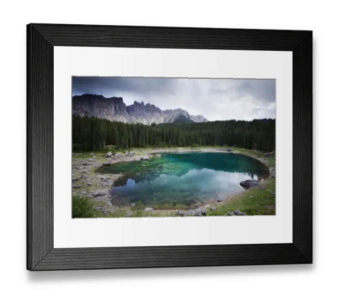 Framed Print : Lake Carezza with Latemar Mountain with clouds, Karerpass, Dolomiten, South Tyrol province, Trentino-Alto Adige, Italy Framed Print : Lake Carezza with Latemar Mountain with clouds, Karerpass, Dolomiten, South Tyrol province, Trentino-Alto Adige, Italy
