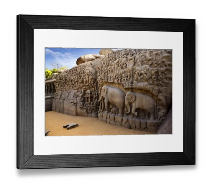 Framed Print : Stone carvings on the face of a rock at Arjunas Penance, Mahabalipuram, Kanchipuram District, Tamil Nadu, India Framed Print : Stone carvings on the face of a rock at Arjunas Penance, Mahabalipuram, Kanchipuram District, Tamil Nadu, India