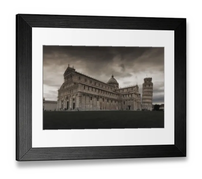 Framed Print : Cathedral and the Pisa Leaning tower in the famous Cathedral Square in the late afternoon sun, Square of Miracles (Piazza dei Miracoli); Pisa, Tuscany, Italy