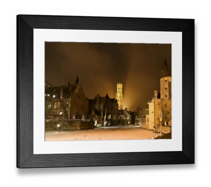 Framed Print : Medieval Bruges cityscape with frozen canals