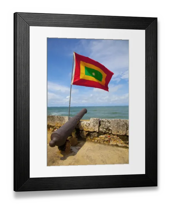 Framed Print : Flag of colombia over cannon on cartagena city wall Framed Print : Flag of colombia over cannon on cartagena city wall