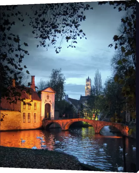 Bruges canal, swans, bridge and Belfry Cathedral