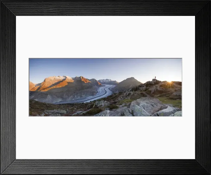 Framed Print : Aletsch Glacier at first morning light with photographer, from Moosfluh, Riederalp, Valais, Switzerland, Europe Framed Print : Aletsch Glacier at first morning light with photographer, from Moosfluh, Riederalp, Valais, Switzerland, Europe