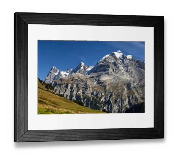 Framed Print : View of Mt. Eiger, Mt. Moench and Mt. Jungfrau, from left to right; UNESCO World Heritage Site Jungfrau-Aletsch protected area, Muerren, Bernese Oberland, Switzerland, Europe Framed Print : View of Mt. Eiger, Mt. Moench and Mt. Jungfrau, from left to right; UNESCO World Heritage Site Jungfrau-Aletsch protected area, Muerren, Bernese Oberland, Switzerland, Europe