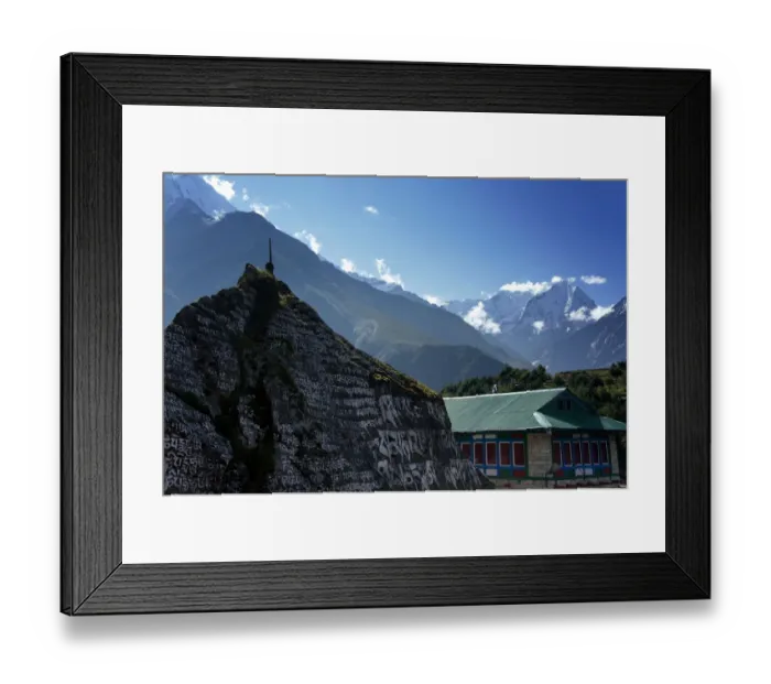 Framed Print : Large Mani stone surrounded by Himalayan peaks Framed Print : Large Mani stone surrounded by Himalayan peaks