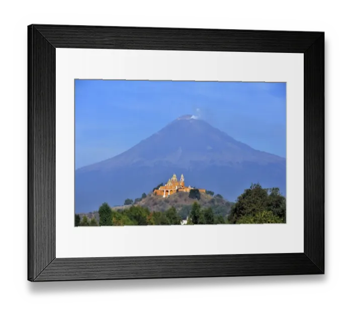 Framed Print : Church of Iglesia Nuestra Senora de los Remedios on the ruins of the pre-Hispanic Pyramid of Cholula in front of the active volcano Popocatepetl, San Pedro Cholula, Puebla, Mexico, Latin America, North America