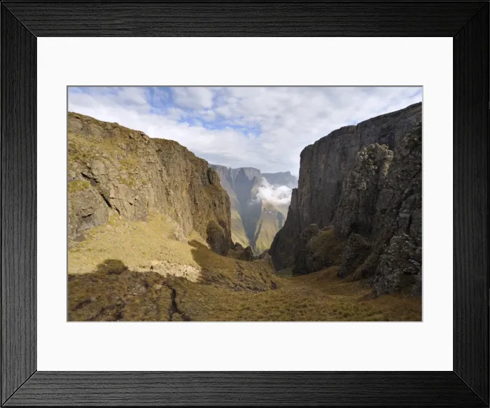 Framed Print : Mountain Pass with sharp peak and low lying cloud in background, Mweni, Drakensberg, Kwazulu Natal, South Africa Framed Print : Mountain Pass with sharp peak and low lying cloud in background, Mweni, Drakensberg, Kwazulu Natal, South Africa