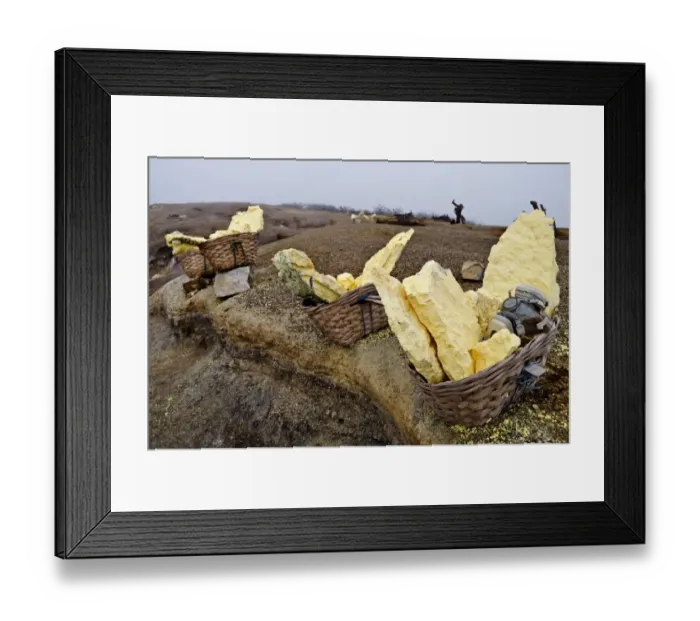 Framed Print : Baskets full of sulfur stone with mask Framed Print : Baskets full of sulfur stone with mask