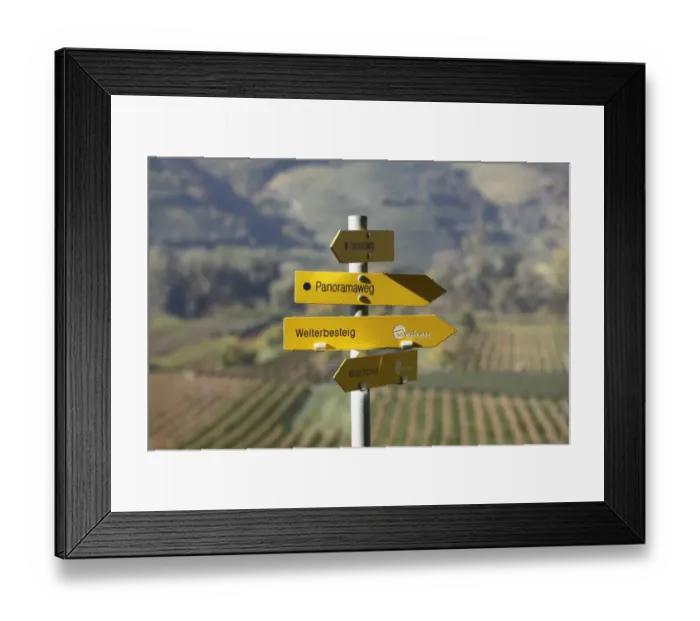 Framed Print : Signpost, hiking trails, Panoramaweg, German for panoramic path and Welterbesteig trail, Rossatz, Wachau valley, Mostviertel region, Lower Austria, Austria, Europe