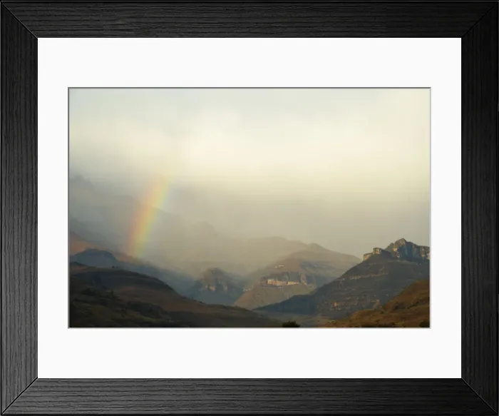 Framed Print : Rainbow at the base of the Amphitheatre range in the Drakensberg Mountains, Royal Natal, Kwazulu-Natal, South Africa Framed Print : Rainbow at the base of the Amphitheatre range in the Drakensberg Mountains, Royal Natal, Kwazulu-Natal, South Africa