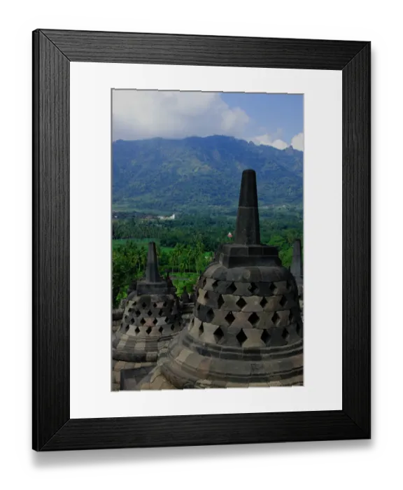 Framed Print : Borobudur stupas overlooking a mountain Framed Print : Borobudur stupas overlooking a mountain