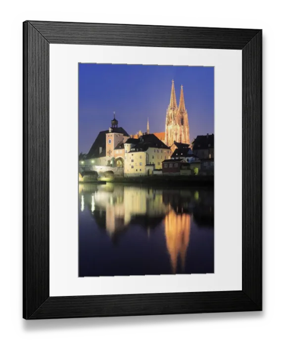 Framed Print : Germany, Bavaria, Regensburg, Cathedral and old town gate and Danube river at night Framed Print : Germany, Bavaria, Regensburg, Cathedral and old town gate and Danube river at night