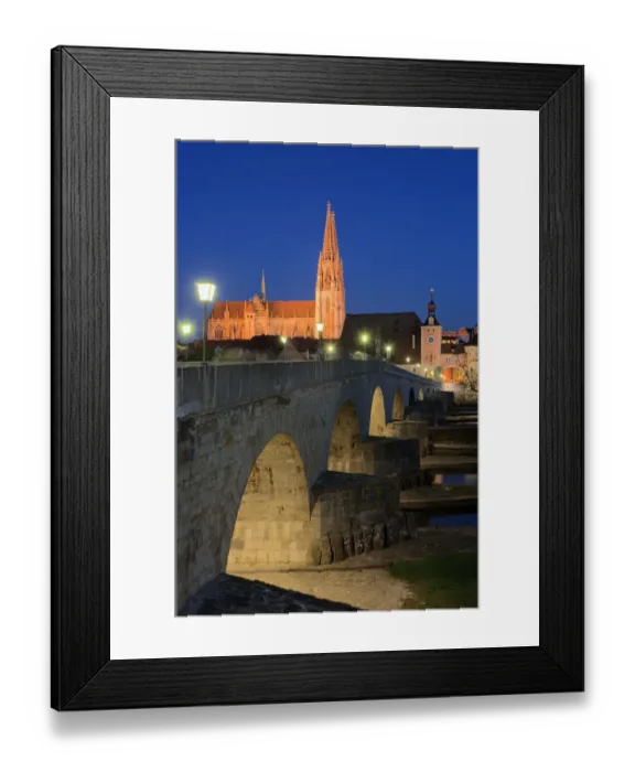 Framed Print : Germany, Bavaria, Regensburg, Cathedral, town gate and stone bridge on Danube river at night Framed Print : Germany, Bavaria, Regensburg, Cathedral, town gate and stone bridge on Danube river at night