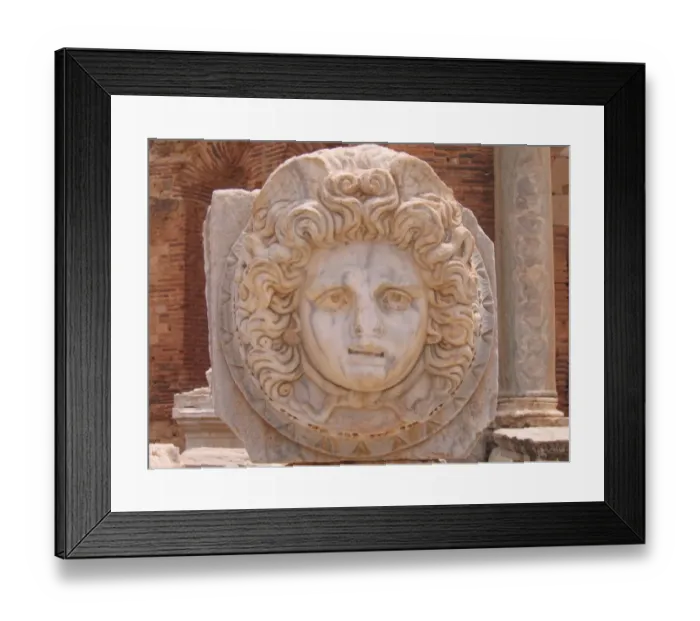 Framed Print : Medusa. A marble carving of Medusa in the Severin Basilica, Leptis Magna, Libya Framed Print : Medusa. A marble carving of Medusa in the Severin Basilica, Leptis Magna, Libya