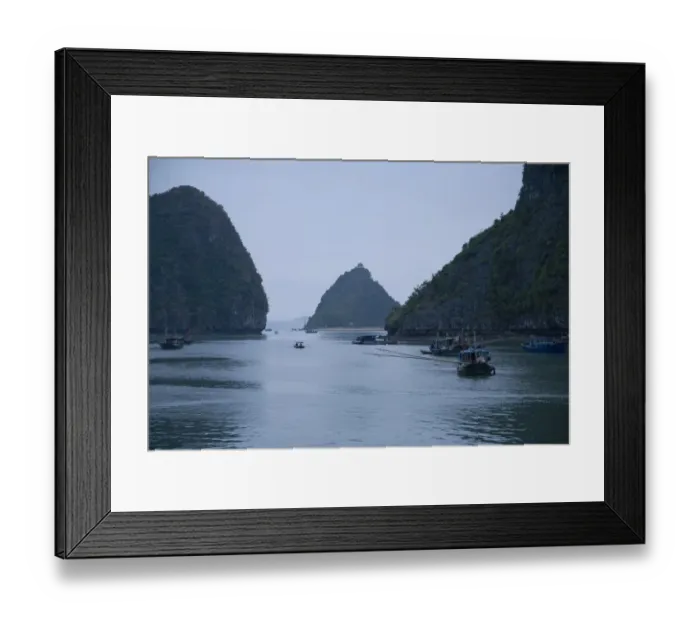 Framed Print : Boats and islands at dusk on Vietnamese bay Framed Print : Boats and islands at dusk on Vietnamese bay