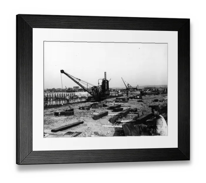 Framed Print : Dockside. September 1907: Construction work under way on the new docks at Avonmouth Framed Print : Dockside. September 1907: Construction work under way on the new docks at Avonmouth
