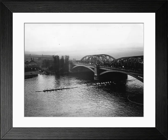 Framed Print : Boat Race. 1913: Cambridge leading as they pass under Barnes Bridge during Framed Print : Boat Race. 1913: Cambridge leading as they pass under Barnes Bridge during