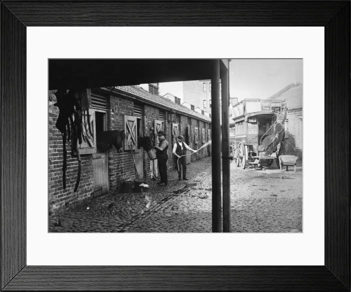 Framed Print : Stables. May 1911: The stables used by a bus company to accommodate horses Framed Print : Stables. May 1911: The stables used by a bus company to accommodate horses