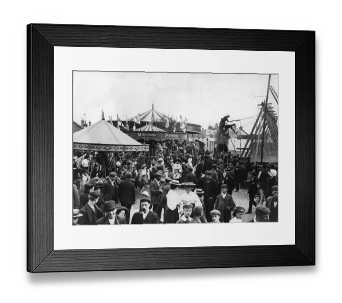 Framed Print : Fun Fair. December 1912: View of a fair, showing carousel and swing-boat rides, 1912 Framed Print : Fun Fair. December 1912: View of a fair, showing carousel and swing-boat rides, 1912