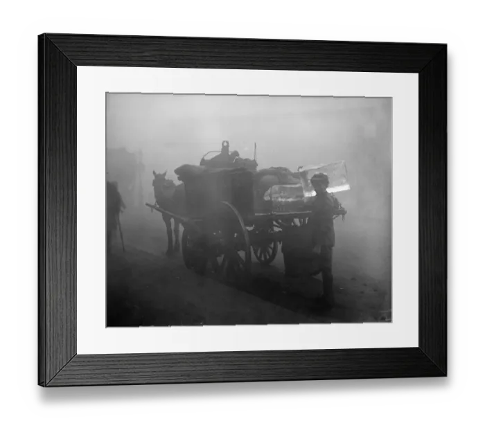 Framed Print : Ice-Cold. October 1919: An iceman is busy delivering ice despite a London fog Framed Print : Ice-Cold. October 1919: An iceman is busy delivering ice despite a London fog