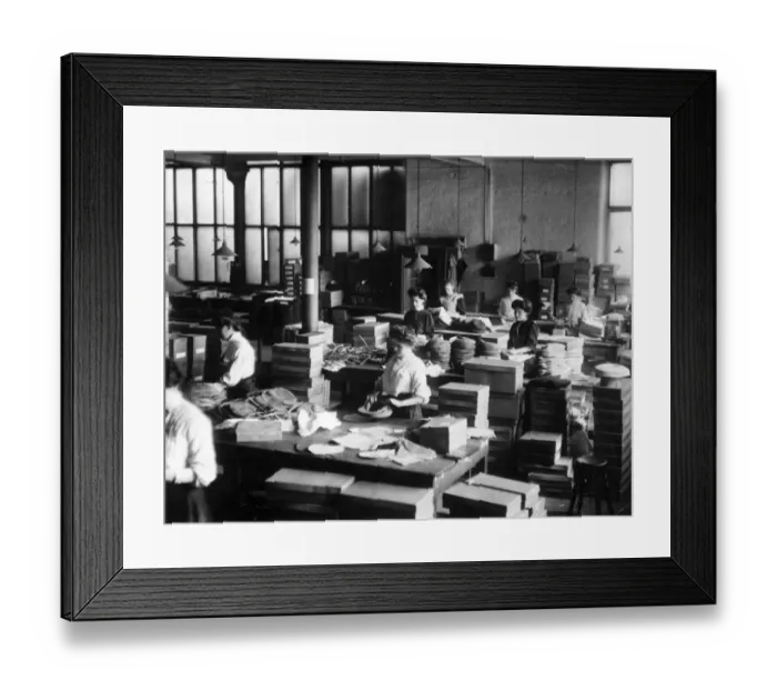 Framed Print : Hats. July 1909: Women packing flat caps in a hat factory, Manchester Framed Print : Hats. July 1909: Women packing flat caps in a hat factory, Manchester