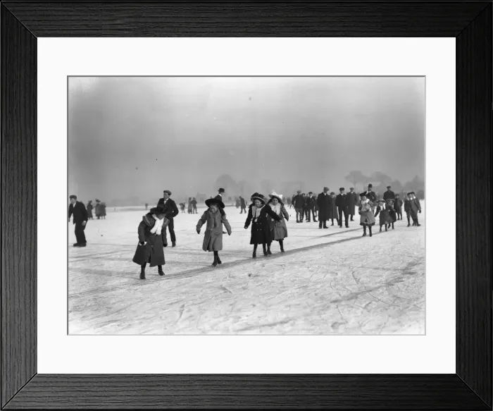 Framed Print : Skating. January 1908: A group out skating on Cowbit Wash in Lincolnshire Framed Print : Skating. January 1908: A group out skating on Cowbit Wash in Lincolnshire