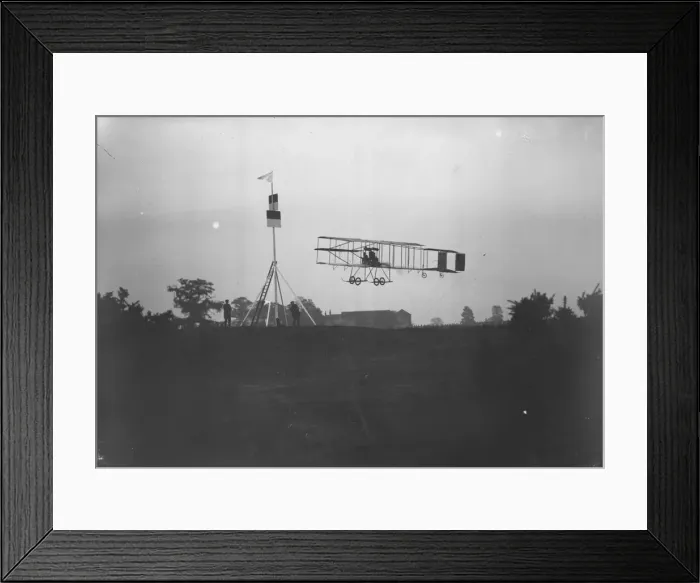 Framed Print : Air Show. 18th October 1909: Summers flying around a pylon during Doncaster Flying Week Framed Print : Air Show. 18th October 1909: Summers flying around a pylon during Doncaster Flying Week