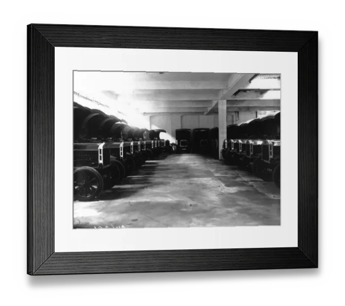 Framed Print : Mail Vans. July 1912: Lines of identical mail vans in a garage in Shoreditch Framed Print : Mail Vans. July 1912: Lines of identical mail vans in a garage in Shoreditch